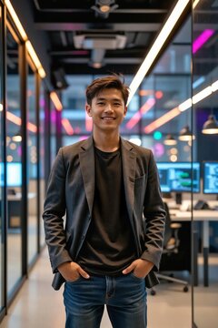 Enthusiastic Young East Asian Male Entrepreneur in His 20s Beaming in a Modern Startup Office