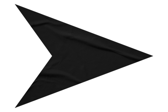 Black crumpled paper arrow isolated on transparent background.