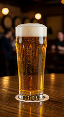 Cold Beer in a Glass Mug on Wooden Table