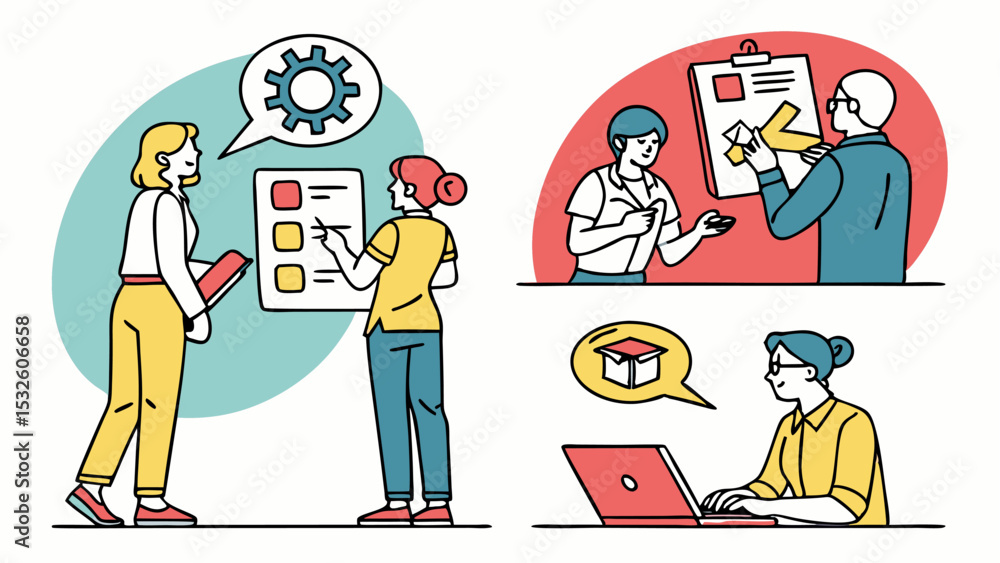 Poster illustrative depiction of collaborative teamwork with planning and communication in a business setti