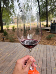 A glass of red wine during a tasting at a Chilean vineyard. The natural setting, wooden deck, and autumn leaves create a peaceful and refined atmosphere in the Andes foothills.