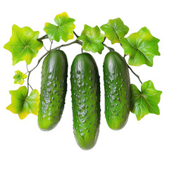 Three fresh cucumbers with leaves arranged together on transparent background