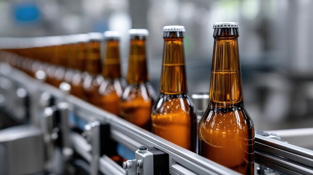 Bottles of beer are moving along a conveyor belt in an industrial facility, showcasing the production process in soft daylight