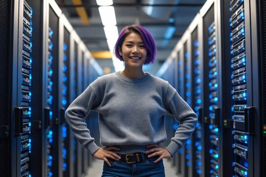 Excited Young East Asian Female IT Specialist in a Tech Startup Server Room