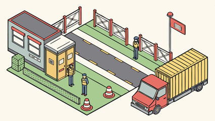 Isometric illustration of a border crossing with a truck waiting for inspection process to start