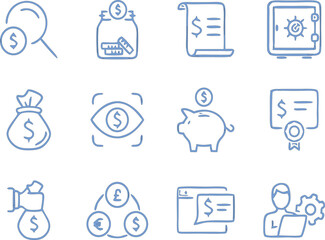 finance line icon set clean search icon,  savings, money bag, coin, notes, outline vector symbols for apps, reports, dashboards, and UI design.