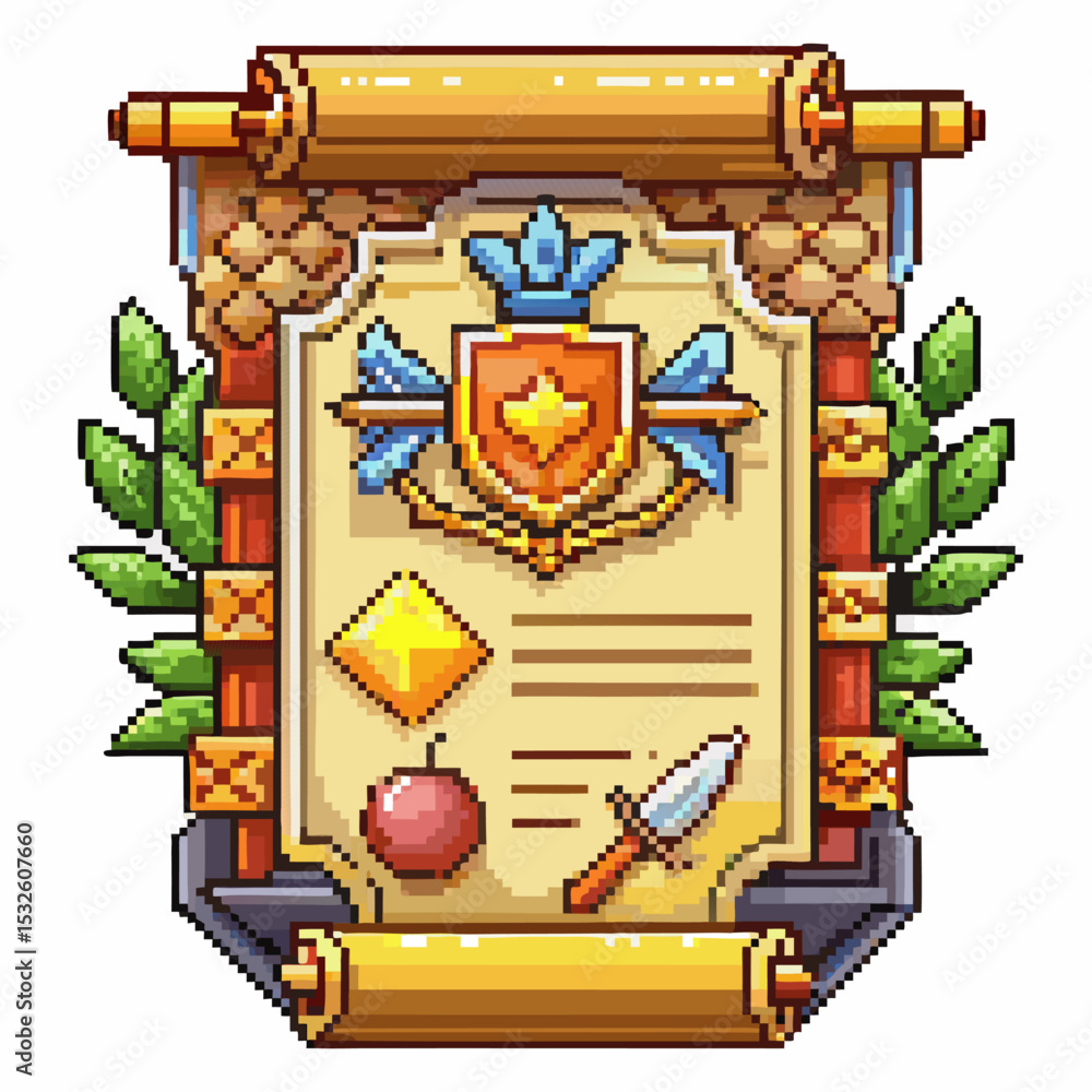 Poster pixel art medieval scroll with shield and sword emblems