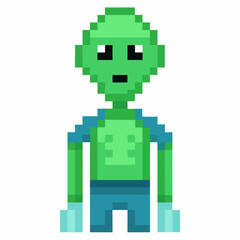 Pixel Art Green Alien Character with Blue Outfit and Black Eyes