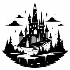 Fototapeta premium Enchanting Fantasy Castle with Surreal Landscape in Black and White