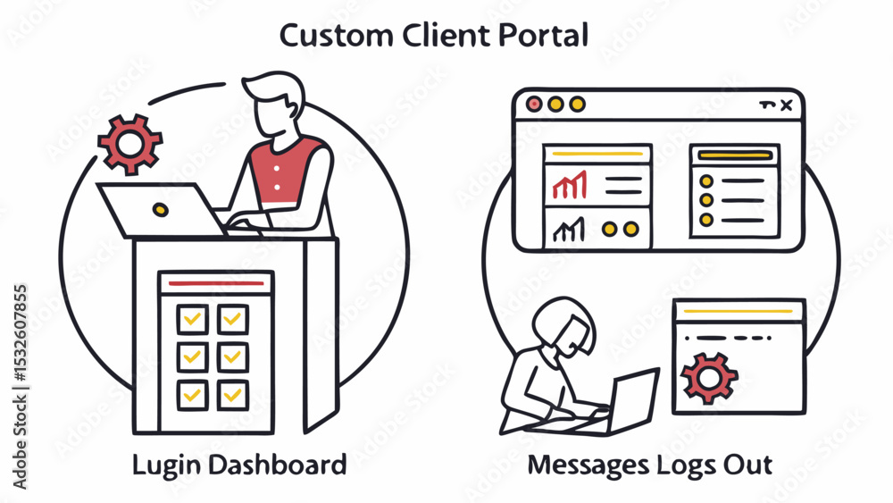 Poster illustration showing two people using laptops with dashboards and settings for custom client portal