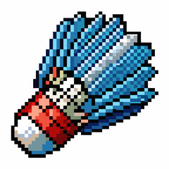 Pixel Art Badminton Shuttlecock with Blue Feathers on White Background
