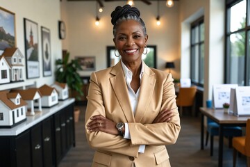 Proud Senior African American Female Real Estate Agent in a Showroom