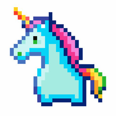 Obraz premium Vibrant Pixel Art Unicorn with Rainbow Mane and Horn on White Background