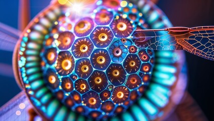 Abstract Dragonfly Eye Macro, Geometric Patterns, Vibrant Colors, Detailed Close-up View