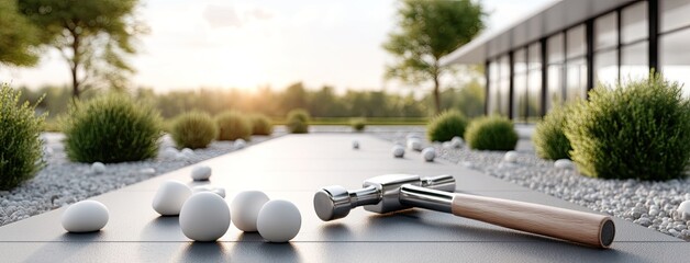 Workers build a gray paver brick walkway surrounded by green hedges and gravel, with tools laid out and focus on precise placement