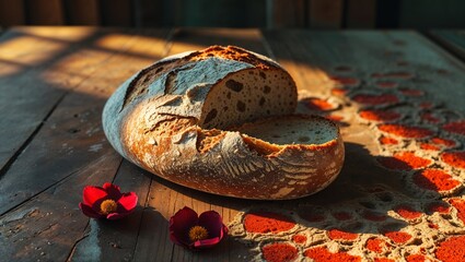 Rustic loaf of sliced sourdough bread on weathered wood with poppies and sunlight.