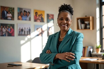 Warm Senior African American Woman in a Corporate Philanthropy Office
