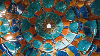 Detailed mosaic with vibrant blue, orange, and turquoise tiles in a circular design