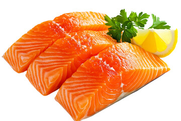 Three fresh salmon fillets isolated on transparent background