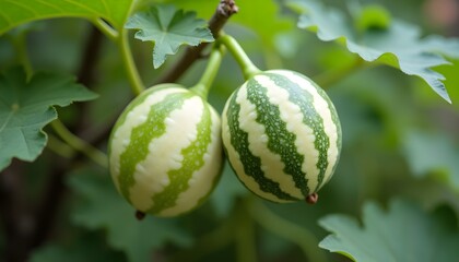 Two green and white striped melons hanging from a branch with leaves