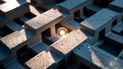 Glowing orb within a concrete structure illuminated by a ray of light in shadow