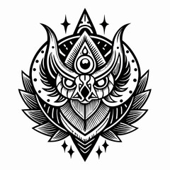 Intricate Black and White Geometric Owl Illustration with Mystical Elements
