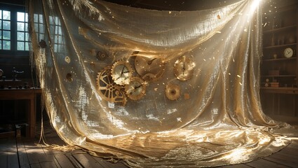Dreamlike Steampunk Still Life: Golden gears suspended in time, ethereal light in old workshop.