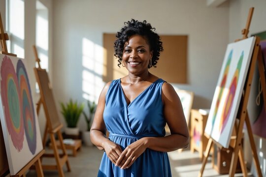 Serene Middle-Aged African American Woman in a Corporate Art Therapy Room