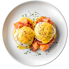 Eggs benedict with smoked salmon and bacon, isolated on transparent background