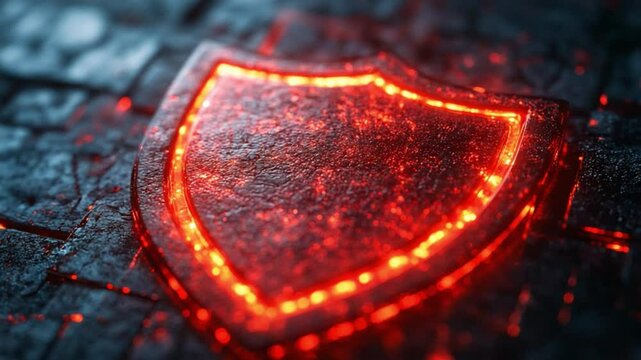 Fiery Shield of Protection: A glowing, fiery shield emblem rests on a dark, textured surface, symbolizing resilience, strength, and unwavering protection.
