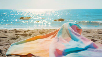 Sunny summer vibes colorful beach umbrella  beach towel, mat under the umbrella with ocean view vacation relaxation resort scenery 