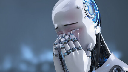 Fototapeta premium Crying android in solitude—exploring the psychological toll of sentient AI in a world where machines begin to understand sorrow