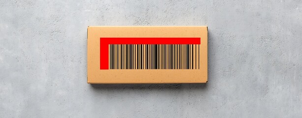 Shipping box with barcode and red label on gray concrete background, representing delivery, parcel tracking, and logistics systems in e-commerce and supply chain.