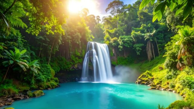 Sunlit jungle waterfall cascades into turquoise pool; lush foliage background; travel poster