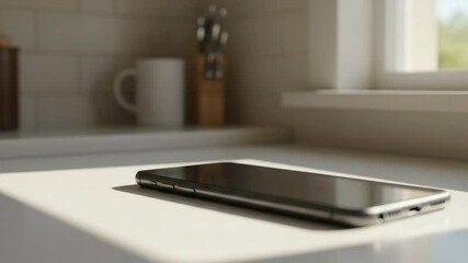 Modern smartphone resting on kitchen countertop with natural light