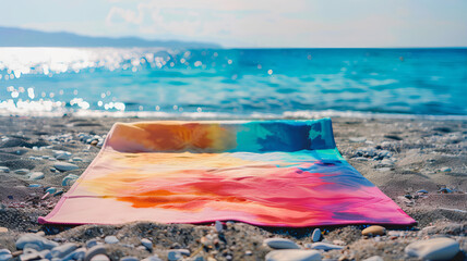 Sunny summer vibes colorful beach umbrella  beach towel, mat under the umbrella with ocean view vacation relaxation resort scenery 