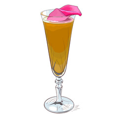 Bright orange cocktail in a champagne glass with a rose petal garnish. Stylish and feminine drink. Vector illustration
