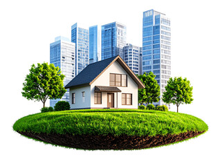 Family House with Green Grass, Trees Beside, and Urban Buildings at Back, Isolated.