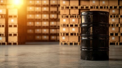 energy stock oil fossil concept Oil barrel in a warehouse with stacked boxes and warm lighting in the background.