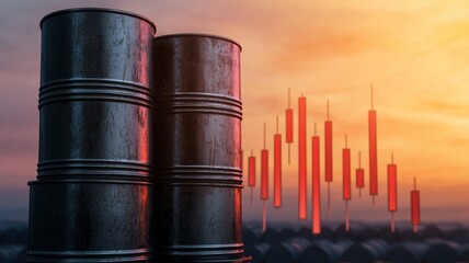 energy stock oil fossil concept Oil barrels with stock market candles at sunset.