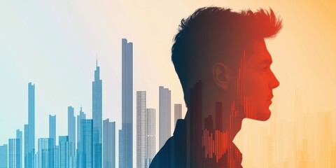 energy stock oil fossil concept Silhouette of a person against a city skyline, blending human and urban elements.