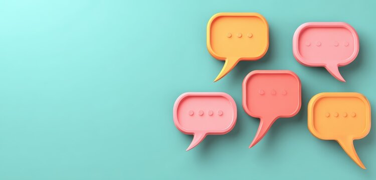 Colorful speech bubbles on a blue background symbolize communication, conversation, messaging, and social interaction.