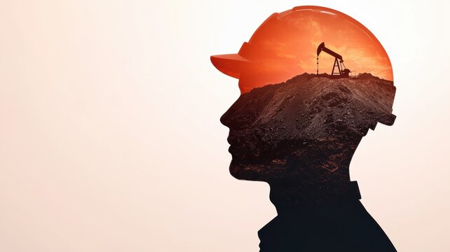 energy stock oil fossil concept Silhouette of a worker with an oil rig and sunset overlay in a creative design.