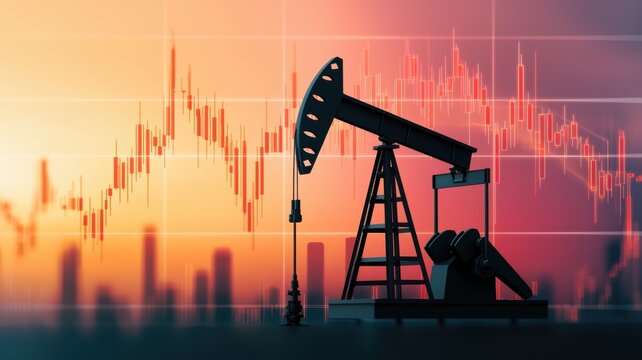 energy stock oil fossil concept Oil pump jack against a colorful financial graph backdrop at sunset.