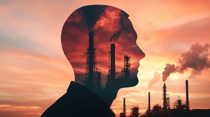 energy stock oil fossil concept Silhouette of a man's head filled with industrial imagery against a sunset backdrop.