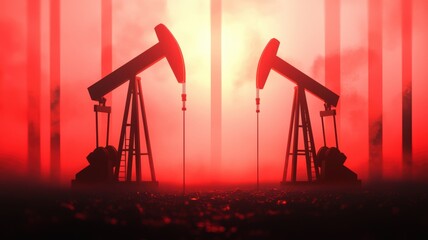 energy stock oil fossil concept Oil pumps silhouette against a dramatic red backdrop, symbolizing energy and industry.
