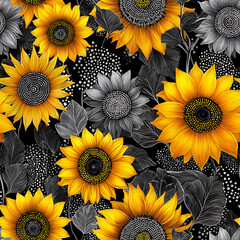 A vibrant seamless pattern featuring intricately hand-drawn sunflowers with rich yellow-orange petals, lush green leaves, and a striking black backdrop. Perfect for fabric, packaging, wallpapers
