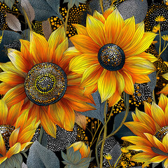 A vibrant seamless pattern featuring intricately hand-drawn sunflowers with rich yellow-orange petals, lush green leaves, and a striking black backdrop. Perfect for fabric, packaging, wallpapers