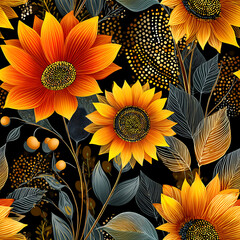 A vibrant seamless pattern featuring intricately hand-drawn sunflowers with rich yellow-orange petals, lush green leaves, and a striking black backdrop. Perfect for fabric, packaging, wallpapers