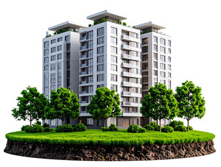 Modern Residential Block with Trees and Lawn on Floating Land, PNG Isolated